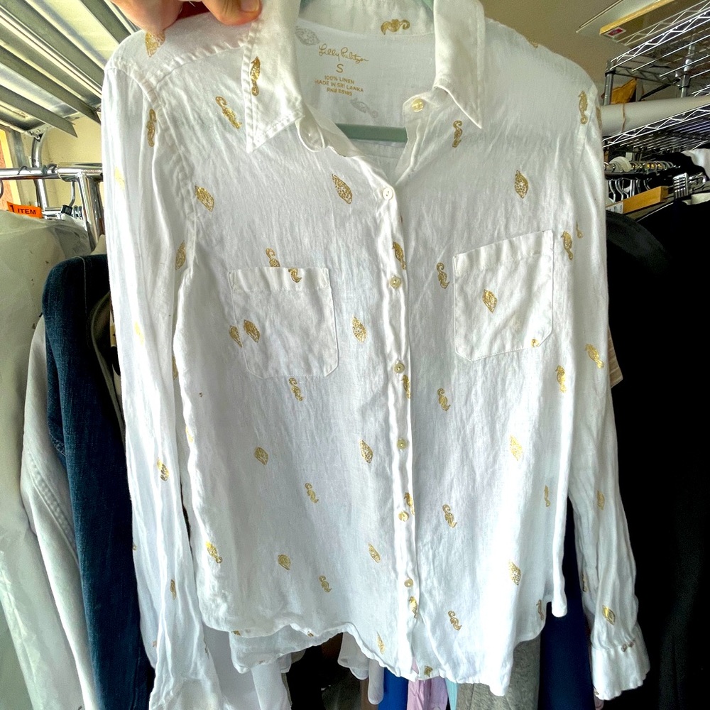 Lilly Pulitzer Linen white with gold button down blouse